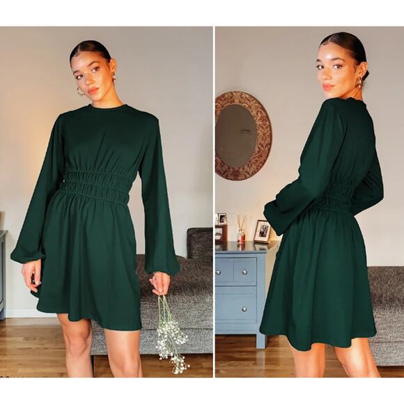 Lulus Size M Hunter Green Long Sleeve Mini Dress Babydoll Soft Romantic - Picture 1 of 10